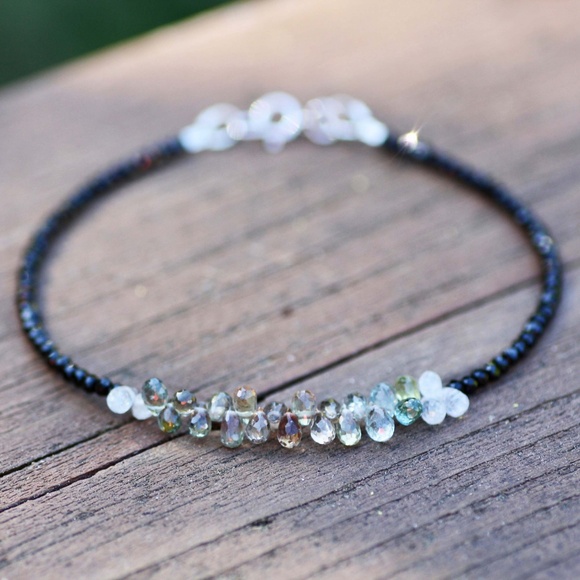 Natural Black Spinel, Tiny Briolette Sapphire Bracelet Handmade 14K White Gold - Picture 1 of 4
